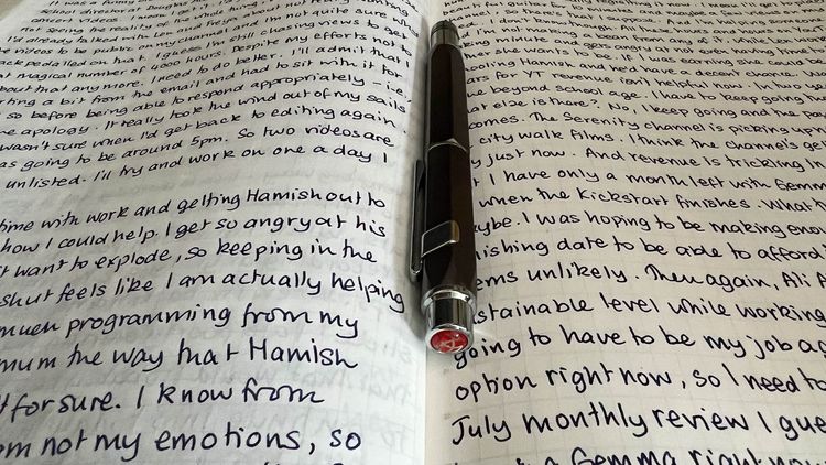 Fountain pen resting on an open notebook with two pages of writi