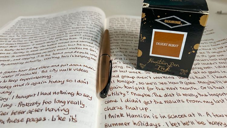 Open notebook with writing, a fountain pen in the crease and a box of ink. 